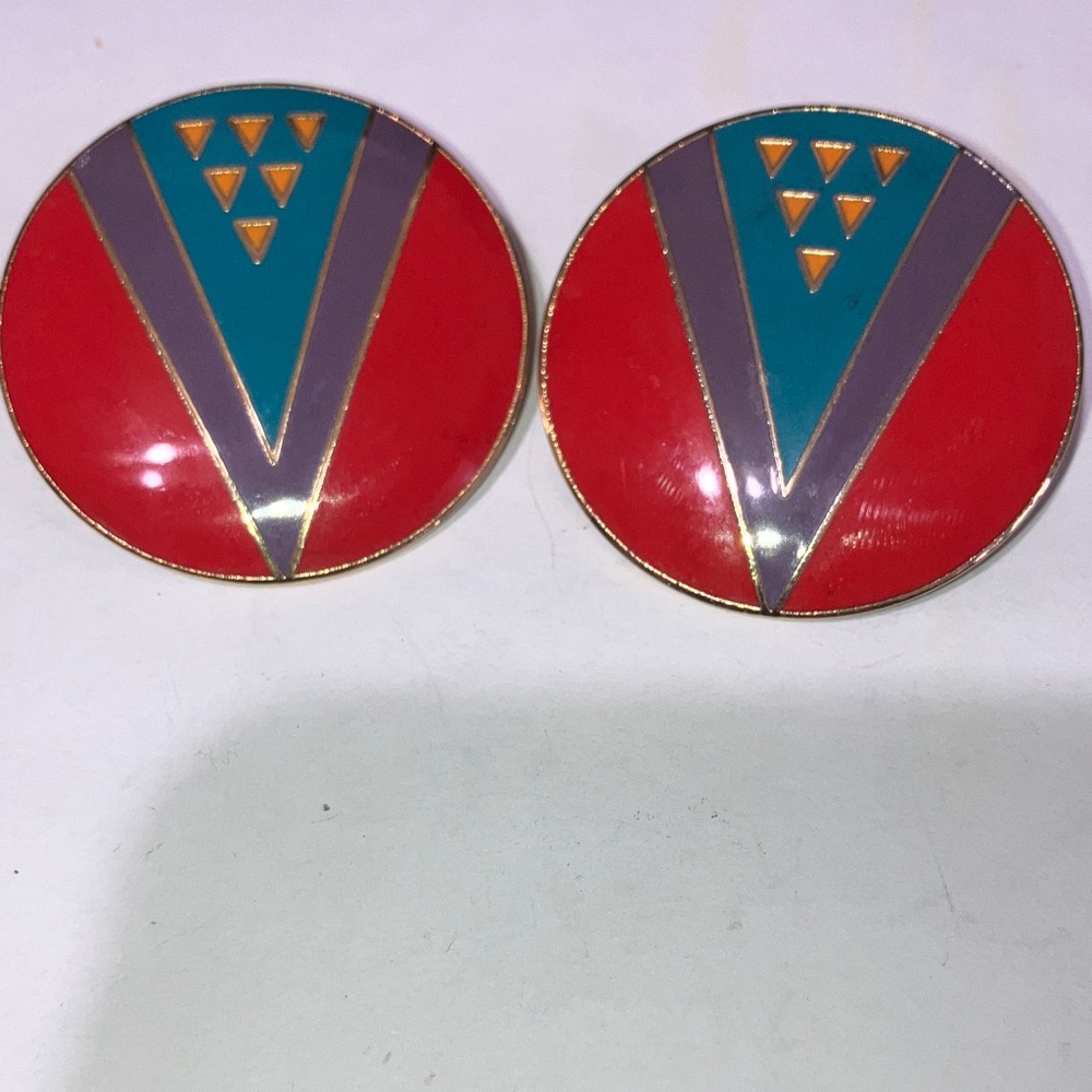 Colorful Laurel Burch Wu-Yi Geometric Round Clip on Earrings 2794